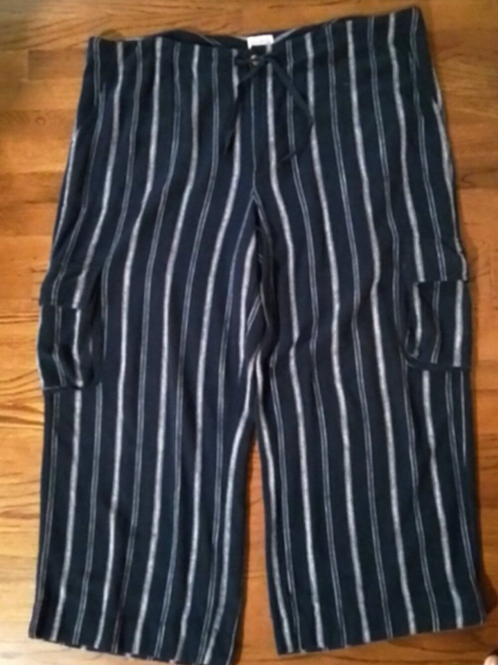 Wonderly Navy Blue/White Striped Linen Blend Wide Leg Cargo Pants XXL XXXL